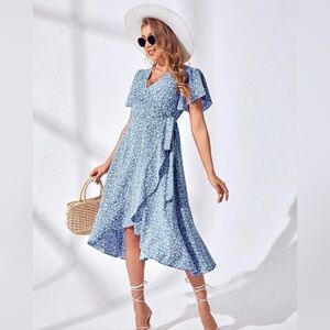 Elegant Blue Floral Wrap Dress L